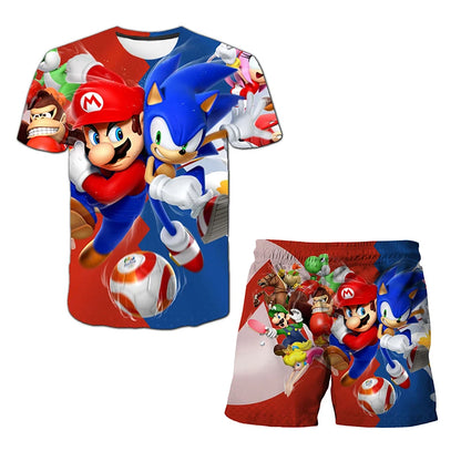 New Boys T-shirt Sonic The Hedgehog 3D T-shirt Set for Boys Girls Cute Summer Top + Shorts Children's Short-Sleeve Birthday Gift