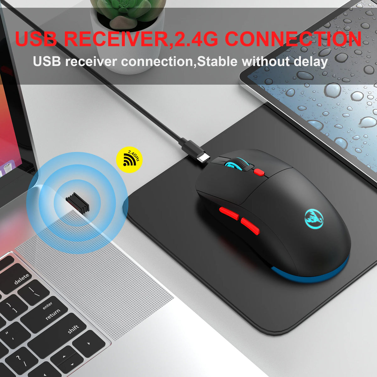 Rechargeable 2.4G USB Wireless Mouse, RGB Wireless Mouse with 3600 DPI, Ergonomic Rechargeable Wireless Mouse for Laptop, PC, Home Office & Gaming