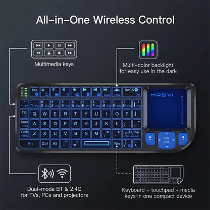 MRSVI Mini Keyboard A8 PLUS, teclado inalámbrico retroiluminado 2.4GHz y Bluetooth5.0 con panel táctil para Android TV Box, Mac, portátil, Windows