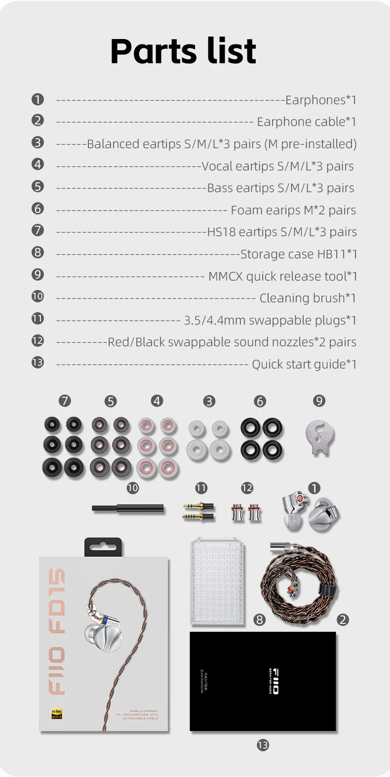 FiiO FD15 13.8mm DLC Dynamic Driver In-Ear Earphone Hi-Res Audio Magnalium Detachable MMCX Cable Wired HiFi Earbuds Shanling