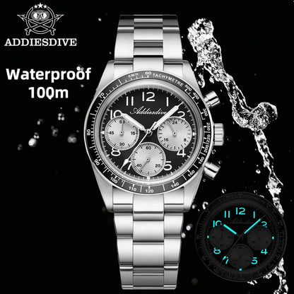 ADDIESDVIE Men Watch Reloj Hombre 10Bar Waterproof AD2517 BGW9 Super Luminous 316L Stainless Steel VK63 Chronograph Quartz Watch