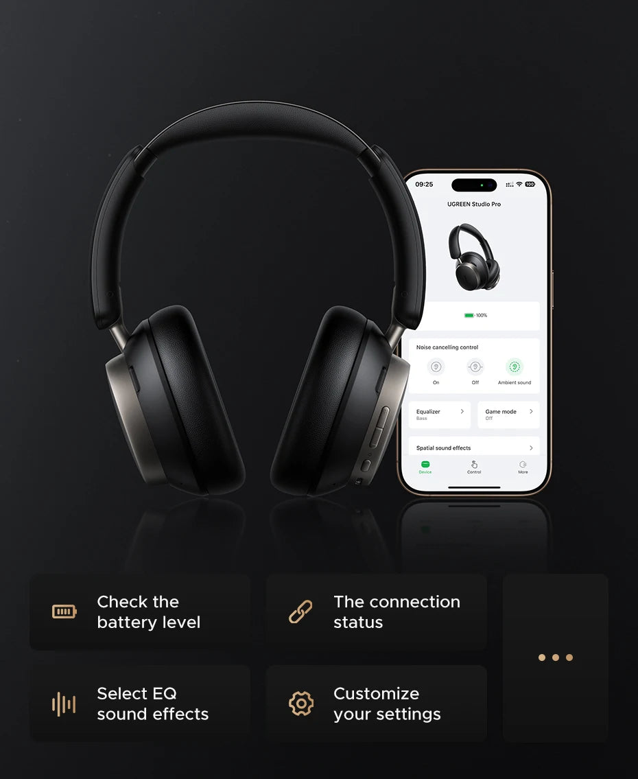 UGREEN Studio Pro Wireless Bluetooth ANC Headphones 48dB Noise Cancelling Over Ear Hi-Res LDAC 120H Playtime Headset