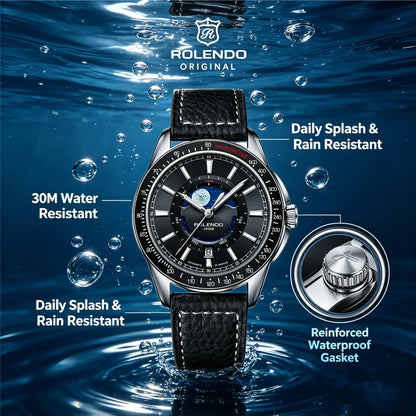 ROLENDO 1908 Men Automatic Mechanical Watch 21 Jewels Black Genuine Leather Business Wristwatch Waterproof Luxury Male Timepiece