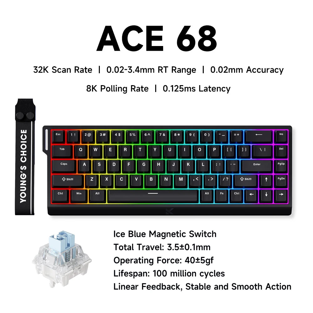 MCHOSE ACE 68 Gaming-Tastatur mit magnetischen Schaltern, Hall-Effekt, Rapid Trigger, programmierbarem RGB, 8K Hz, DKS/MT/TGL/RS/SOCD-Tastatur