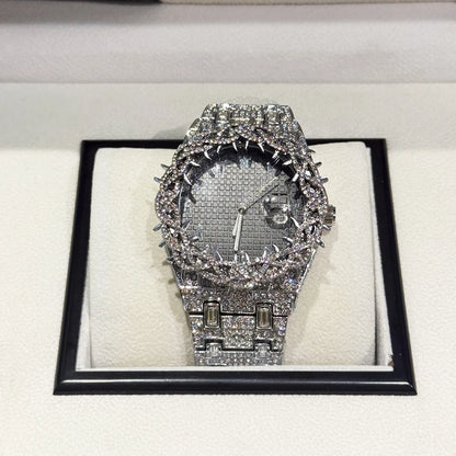 Luxury Full Diamond Men's Quartz Watch Thorn Bracelet Hip Hop Style Date Display with Luminous Function Men business Wristwatch
