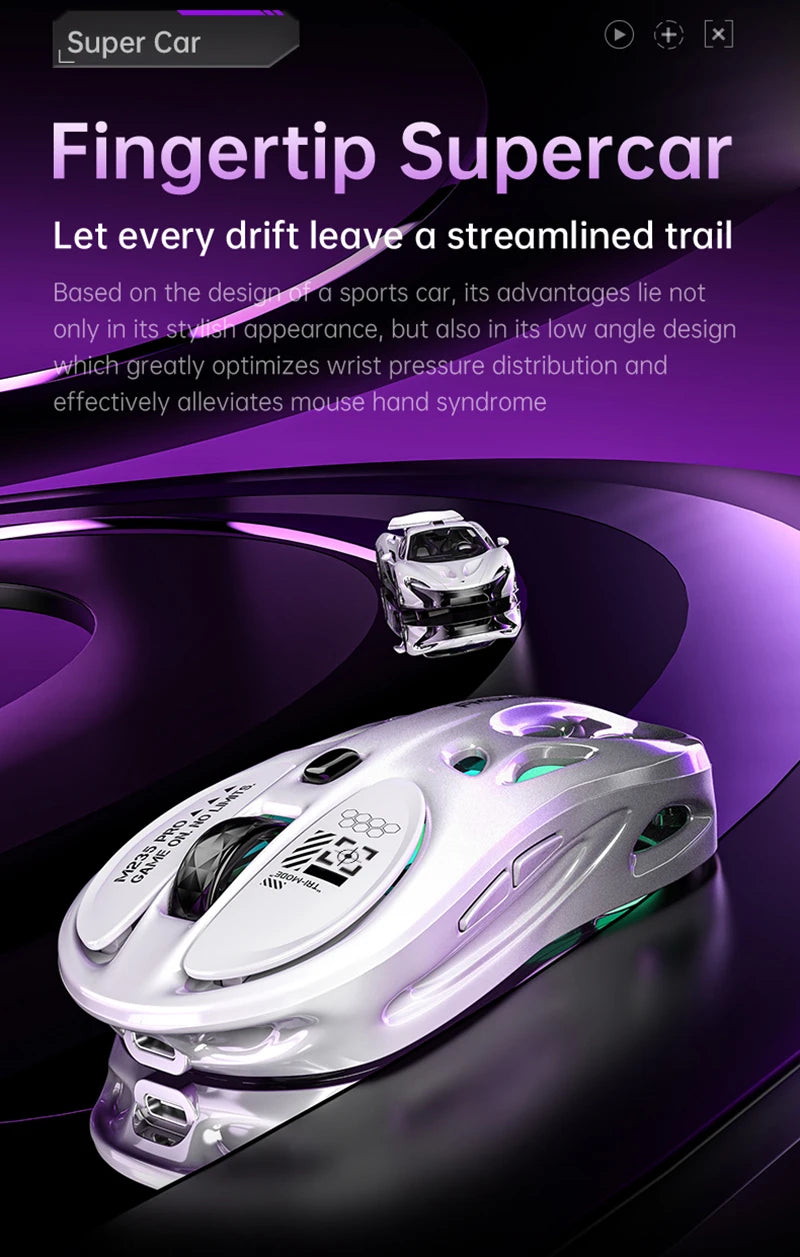 Rato Gaming Sem Fios 2.4G Trimodo RGB, Design Oco Leve com Iluminação Chroma, Com Fios/Bluetooth, Rato E-Sports Controlador