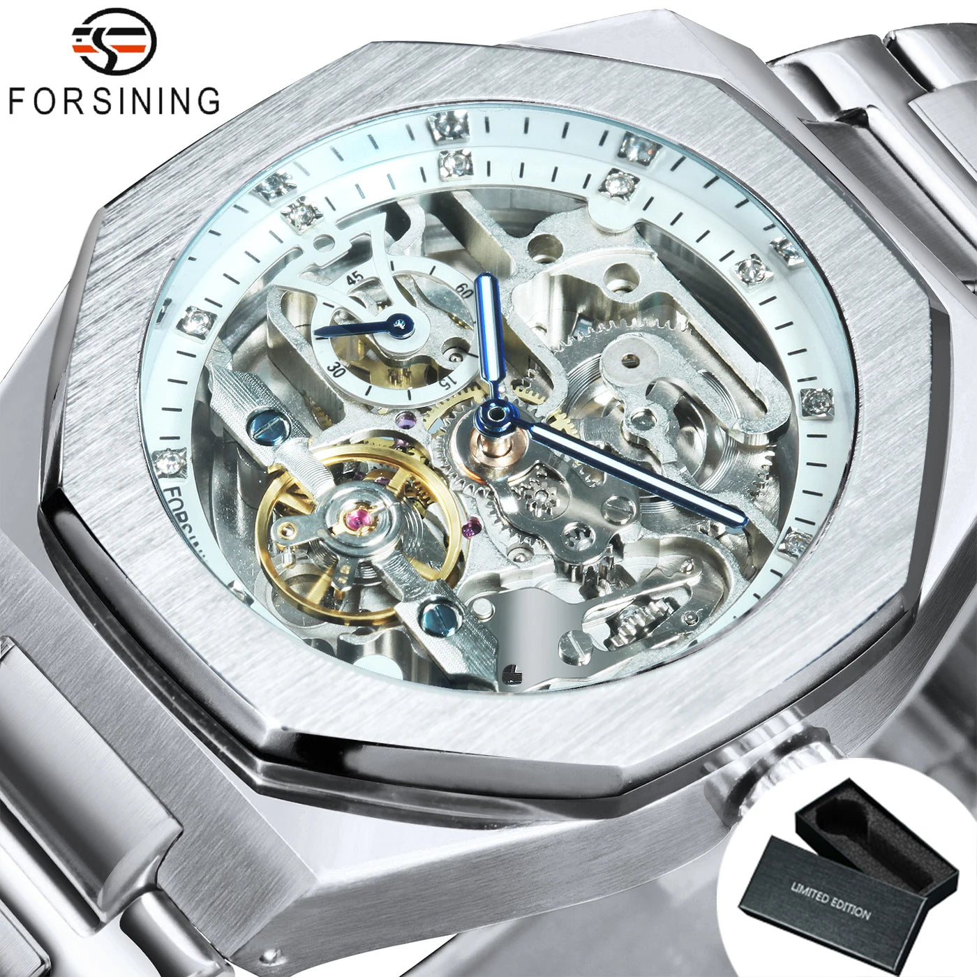 Forsining Tourbillon Skeleton Mechanical Watch for Men Luminous Hands Stainless Steel Strap Fashion Business Automatic Watches