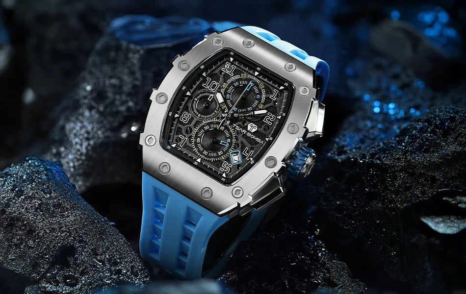 TSAR BOMBA Uhr für Herren, Luxusmarke, Tonneau-Design, wasserdichte Uhr, Edelstahl-Armbanduhr, modische rechteckige Herrenuhr