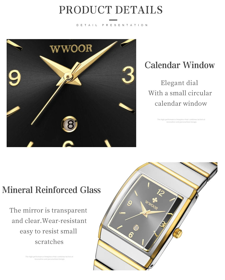 Relogio Masculino WWOOR New Man's Square Watch For Men with Automatic Date Luxury Stainless Steel Gold Mens Quartz Wrist Watches