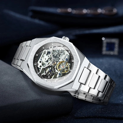 Forsining Tourbillon Skeleton Mechanical Watch for Men Luminous Hands Stainless Steel Strap Fashion Business Automatic Watches