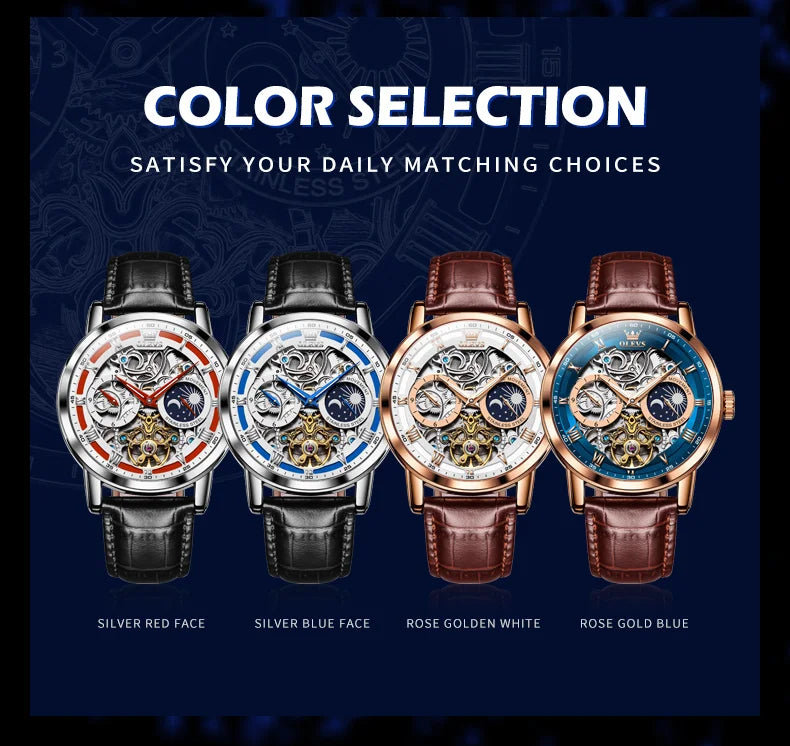 OLEVS Top Brand Men's Skeleton Mechanical Watch, Waterproof Leather Strap, Moon Phase, Automatic Tourbillon Wristwatch