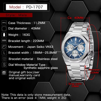 2025 PAGANI DESIGN PD1707 Mens Quartz Wristwatches 40MM Stainless Steel Sapphire Glass Waterproof Luxury Clock Gift Reloj Hombre