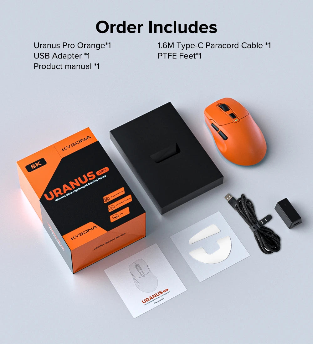 KYSONA Uranus PRO Wireless Gaming Mouse Ergonomic Mouse PAW3395 54g 8KHz Polling Rate 26000DPI For Right Big Hand PC Gamer