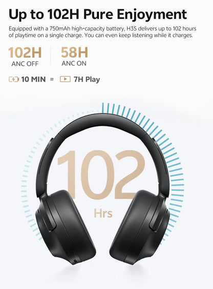 Cuffie Bluetooth 6.0 Over-Ear QCY H3S con ANC adattivo -56dB – Headset wireless Hi-Res LDAC, batteria 102H, audio spaziale Dual Driver