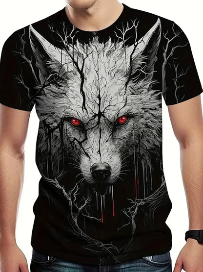 Men 3D Pattern Fire Wolf Graphic Print T-Shirt Summer Oversized Causal T-Shiet Men's Fashion Fitness Short Sleeve Clothing Tops