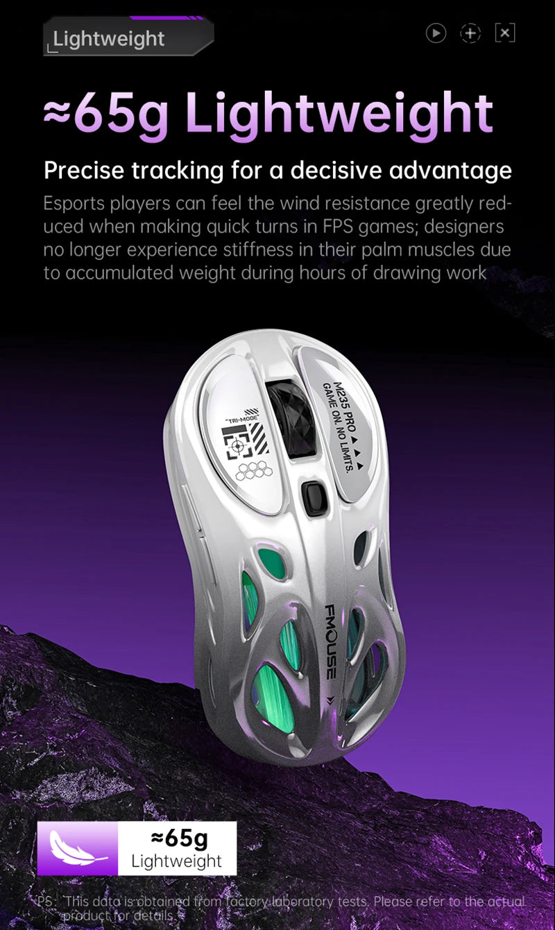 Rato Gaming Sem Fios 2.4G Trimodo RGB, Design Oco Leve com Iluminação Chroma, Com Fios/Bluetooth, Rato E-Sports Controlador