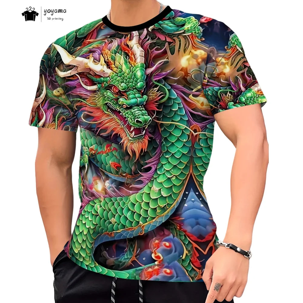 T-shirts för herr med drakmönster, kortärmad T-shirt, trendig streetwear-topp med O-ringning, djurmönster i 3D-tryck, lös och mångsidig herrklädsel