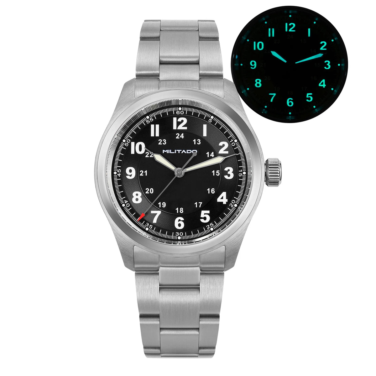 Militado ML08 Vintage Black Watch VH31 Sweep Quartz Wristwatch Ar Sapphire Crystal Luminous C3 BGW9 100 Waterproof Watches Man