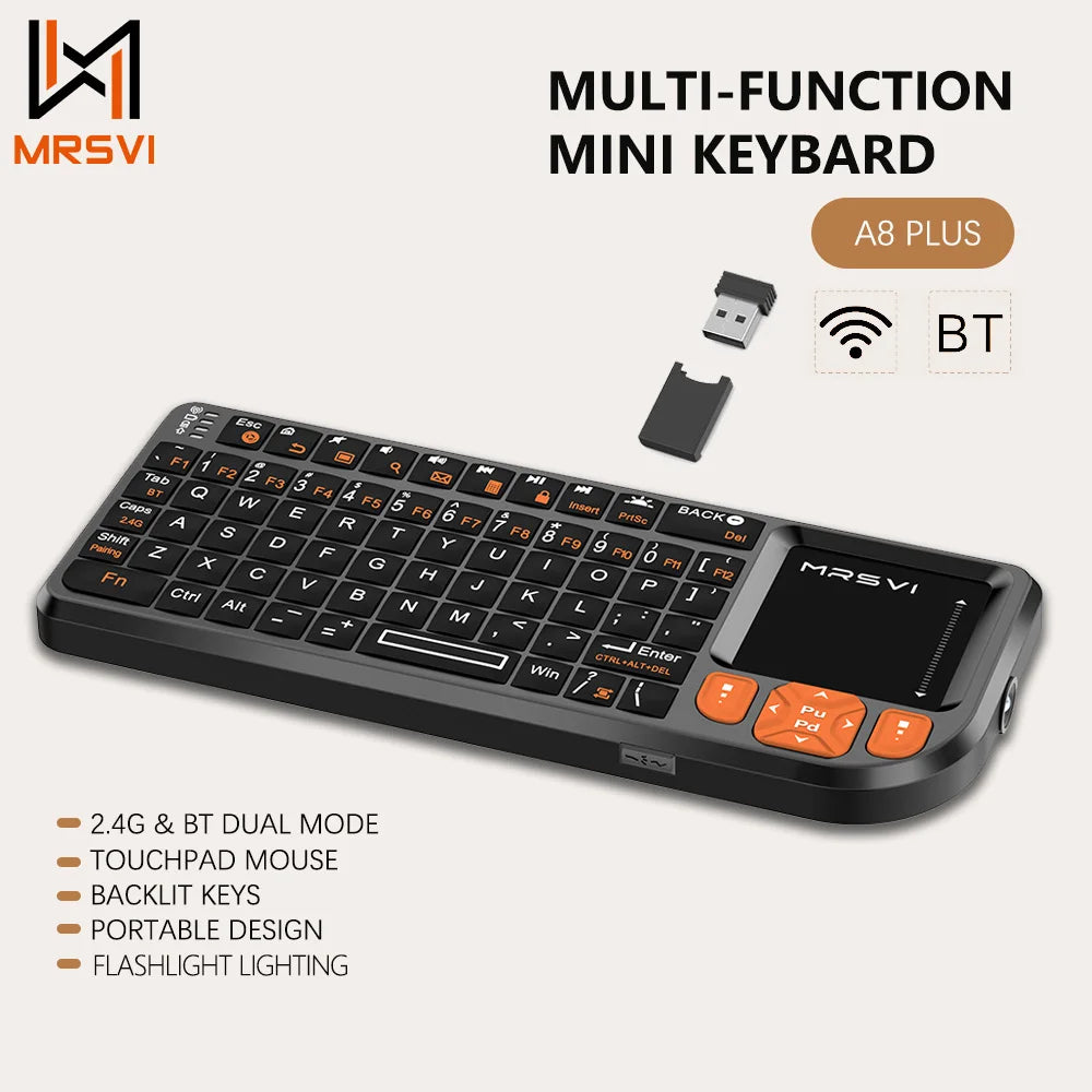 Teclado Bluetooth Mini MRSVI A8 PLUS, teclado inalámbrico retroiluminado de 2.4GHz con panel táctil para Android TV Box, Mac, portátil y Windows