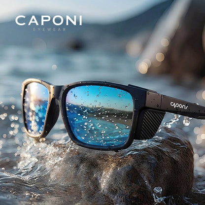 CAPONI Polarizované pánské sluneční brýle pro outdoorové sporty a rybaření, čtvercové, odolné proti oleji a vodě, modré HD čočky, černé obroučky CP36505