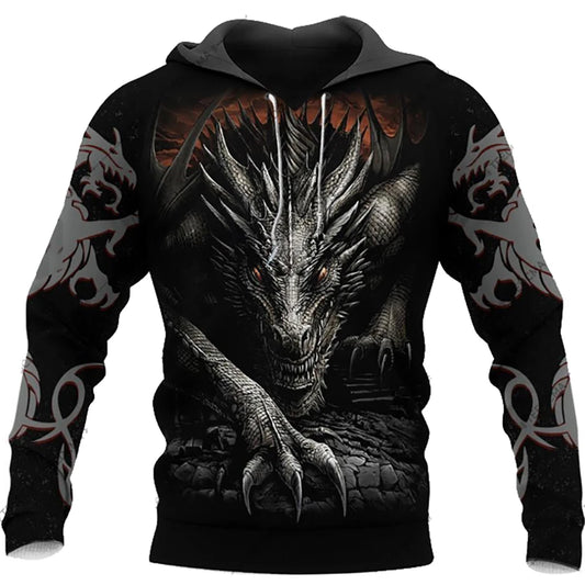 Sweatshirt com capuz para homem, unissexo, de manga comprida, outono/inverno, com estampado 3D de dragão e estilo tatuagem, pullover streetwear casual tipo fato de treino