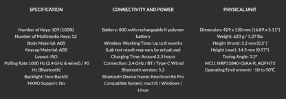Keychron B6 Pro ISO-Layout ultraflache kabellose Tastatur in voller Größe, tragbar und leicht, mit 2.4GHz- & Bluetooth-Verbindungen