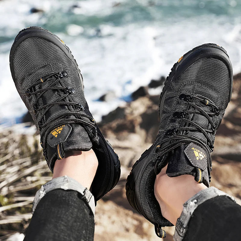 HIKEUP fire-sæsons vandresko til mænd, udendørssport, ægte læder, slidstærke klatresko, gummisål, trekking-sneaker