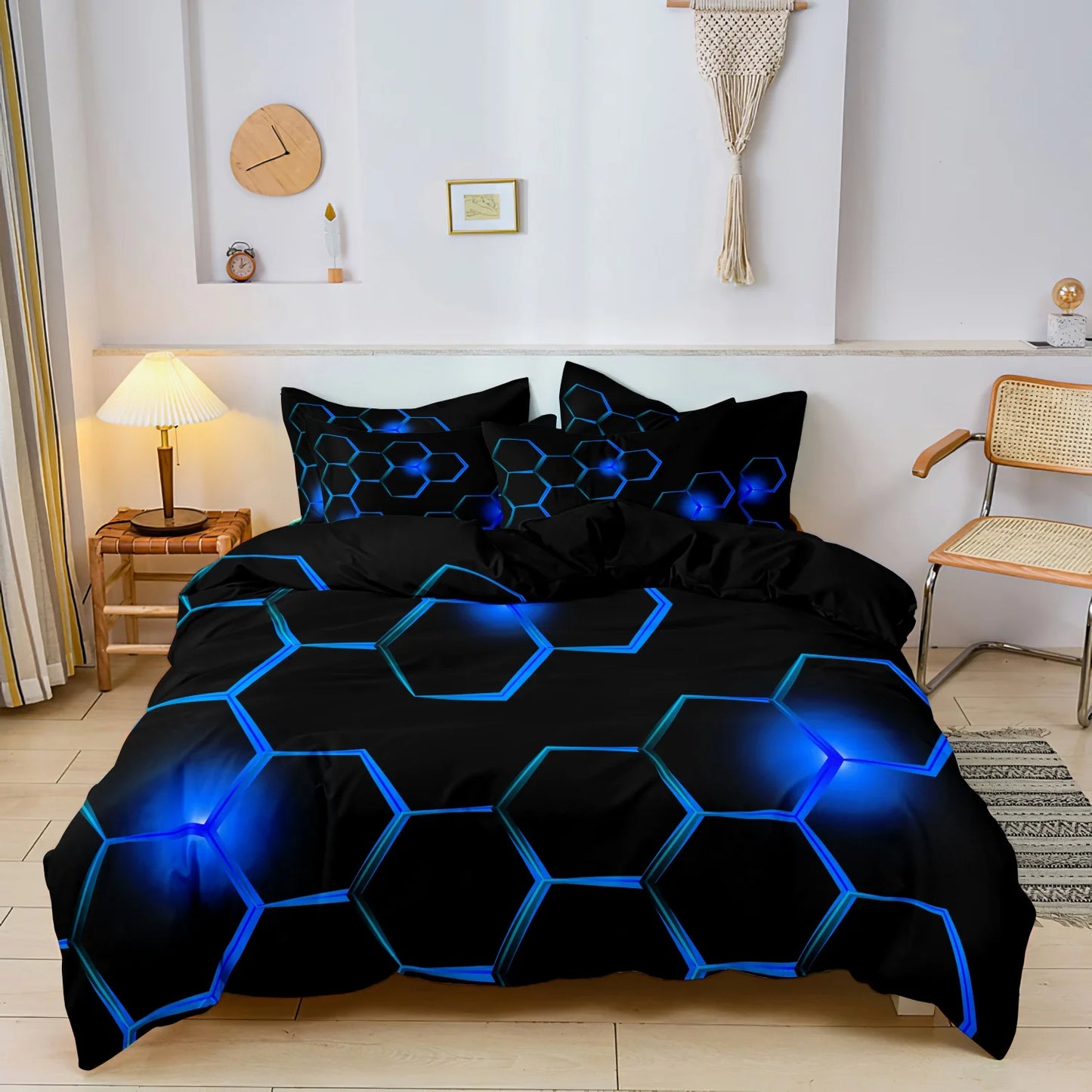 Conjunto de Capa de Edredão 3D Geométrica com Padrão Hexagonal em Favo de Mel, 3 Peças, Roupa de Cama em Poliéster Colorido com Impressão Digital e Fecho de Correr