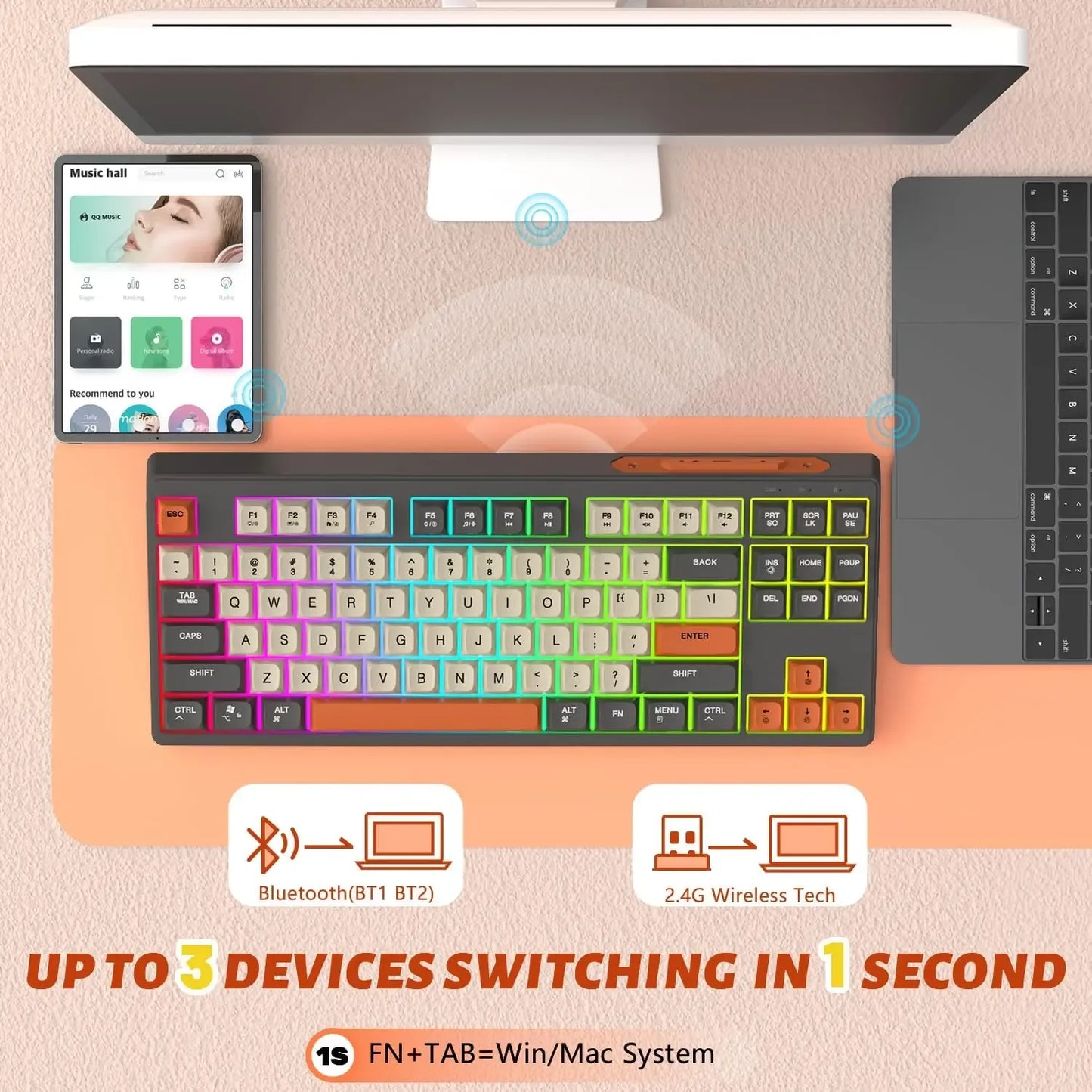 Tastiera gaming wireless Free Wolf M87 75% - Switch silenziosi, retroilluminazione Rainbow, BT/2.4G, copritasti PBT sfumati, design compatto