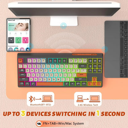 Tastiera gaming wireless Free Wolf M87 75% - Switch silenziosi, retroilluminazione Rainbow, BT/2.4G, copritasti PBT sfumati, design compatto
