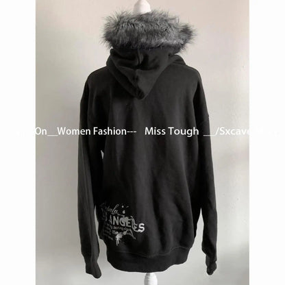 American Vintage Black Faux Fur Sweatshirts Women Letter Printed Subculture Coats with Hooded Female Gothic Harajuku Jackets Y2k