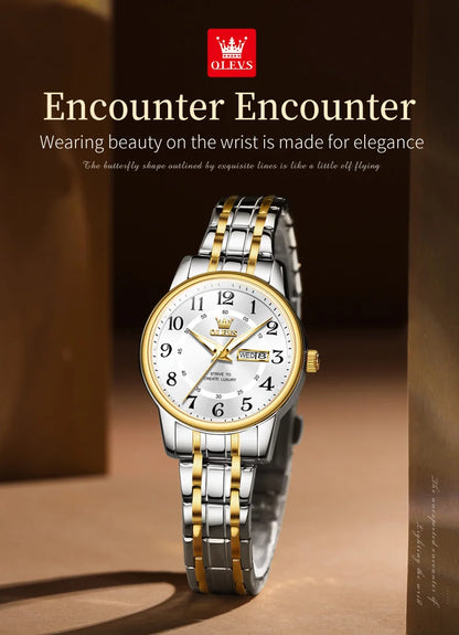 OLEVS 2891 Luxury Brand Fashion Women's Watches Waterproof Luminous Quartz Watch Dual Calendar Stainless Steel Strap Wristwatch