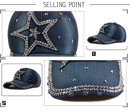 Y2K Pentagram Denim Cloth Baseball Cap Women Fashion Vintage Snapback Men Female Hip hop Shiny Rhinestone Hat For Spring Autumn