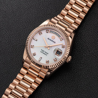 Sugess 36mm Mens of Watch Automatic Dandong Peacock SL3034 Day Movement Sapphire Glass 100m Waterproof Wristwatches MOP Date New