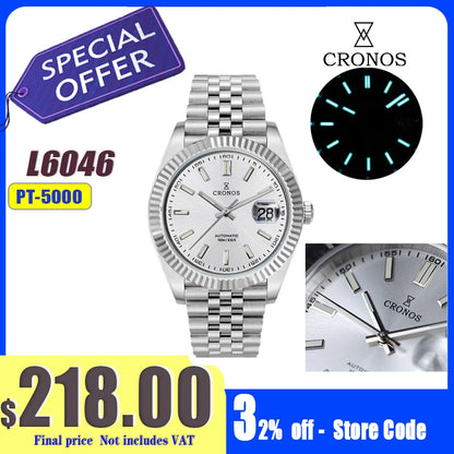 Cronos DateJ Luxury Men Watch Stainless Steel 5 Links Bracelet PT5000 Miyota 9015 100m Water Resistant Sapphire L6046M