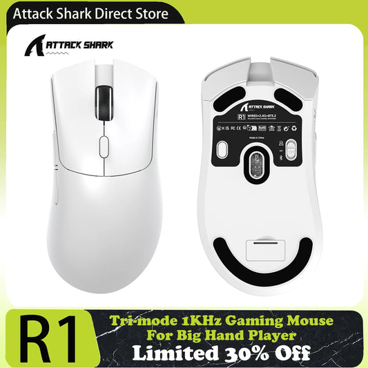 ATTACK SHARK R1 trostruki način rada gaming miš, PixArt PAW3311 senzor, 18000 DPI, 1000hz, 59g ultralagan za velike ruke, za PC/Mac