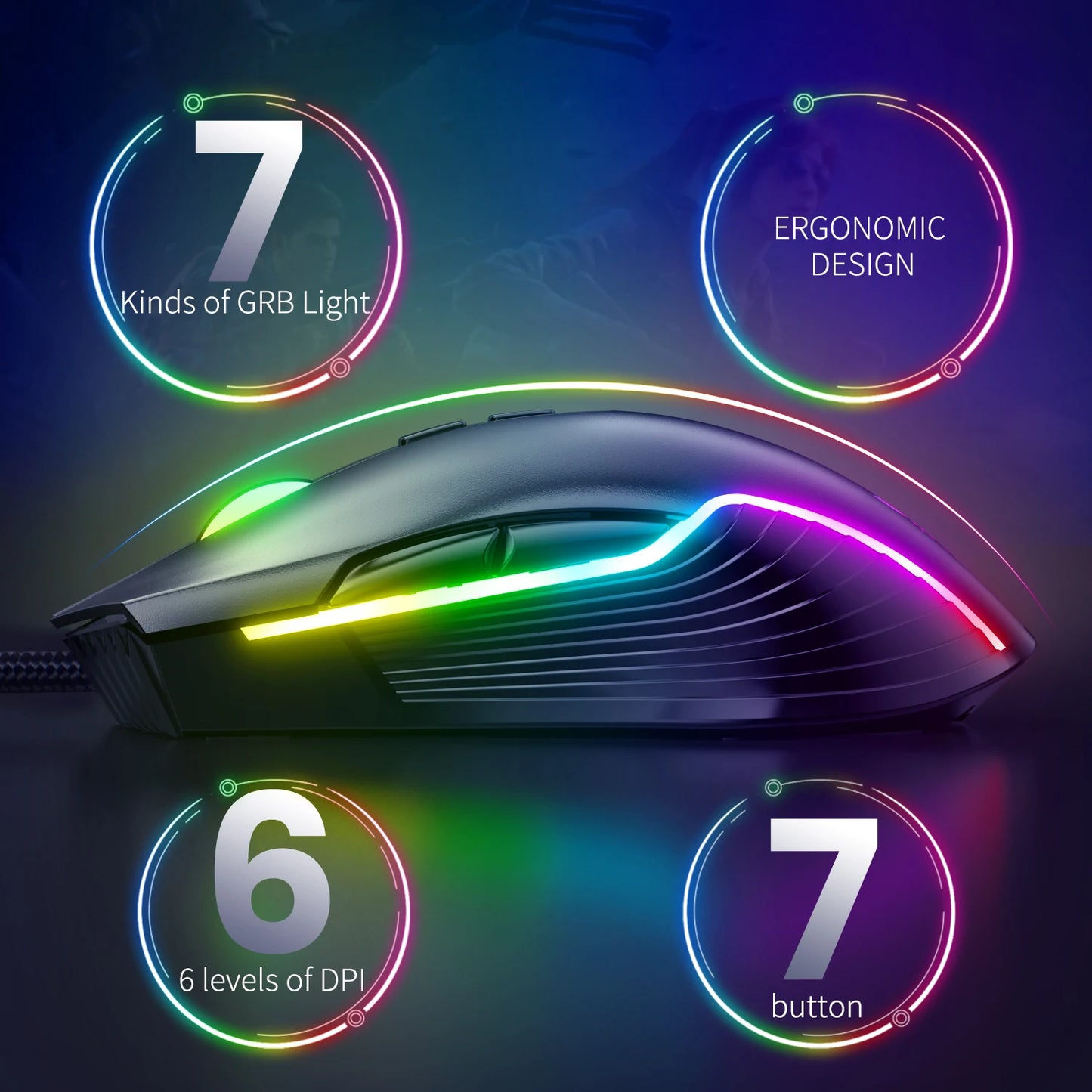 ONIKUMA Wired Gaming Mouse 6400 DPI RGB Gaming Mouse with 7 Programmable Buttons, Ergonomic Wired Gaming Mouse for PC, Laptop & Gaming Setup