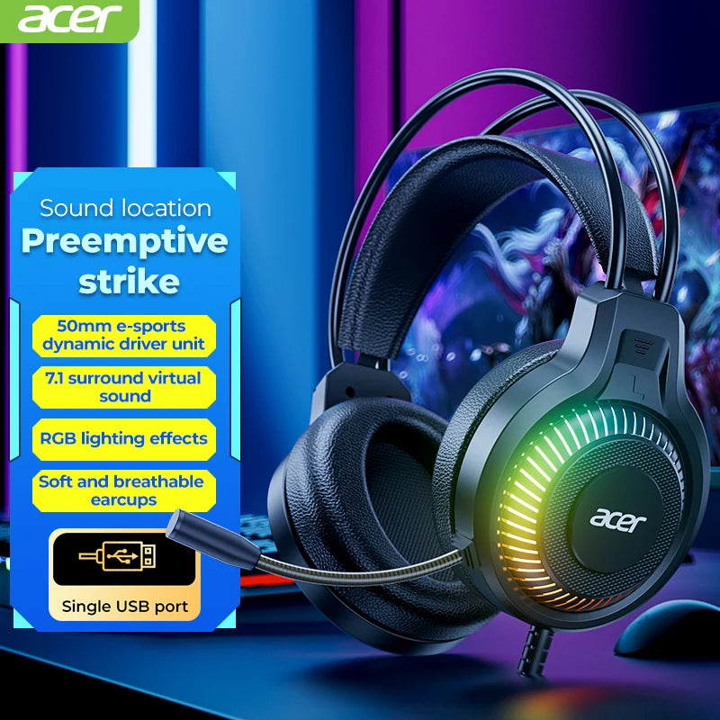 Auriculares Gaming com Fio RGB e Microfone – Headset Gaming com Som Surround de Baixa Latência, Iluminação RGB Elegante, Isolamento de Ruído e Ajuste Confortável