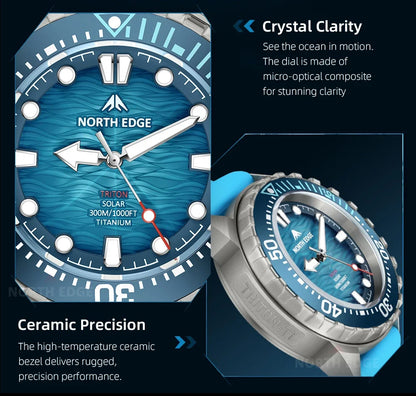 NORTH EDGE 2025 NEW+ TRITON-TI Titanium Solar-Powered Diving Watch Luxury Quartz Watches for Men 300M Waterproof 180+ Day Power