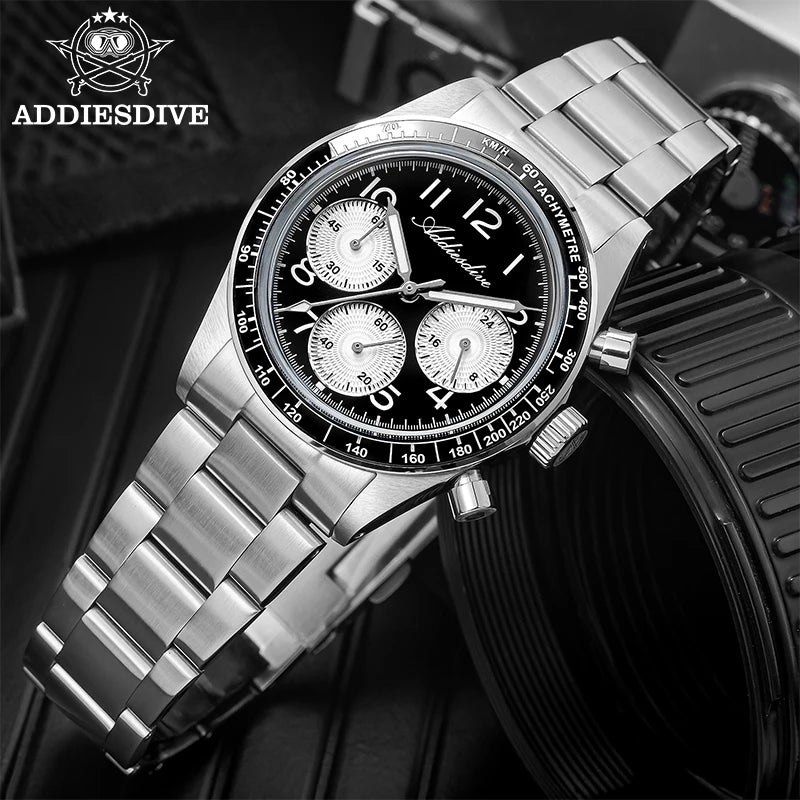 ADDIESDVIE Men Watch Reloj Hombre 10Bar Waterproof AD2517 BGW9 Super Luminous 316L Stainless Steel VK63 Chronograph Quartz Watch