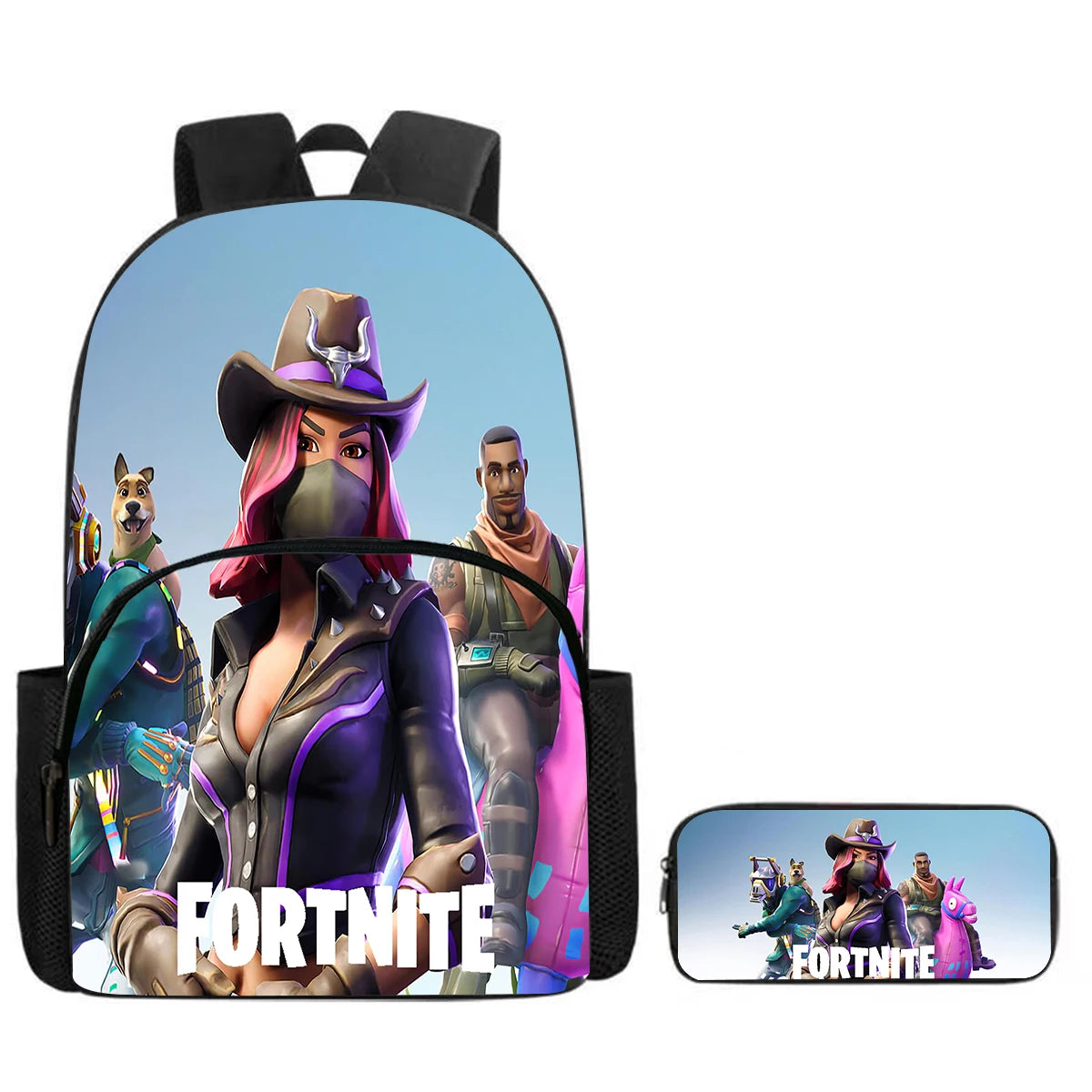 Fortnite Cartoon Backpack w/ Front Pocket & Pencil Case 2PCS - School Set for Boys Girls Age 5-8, Back to School Gift