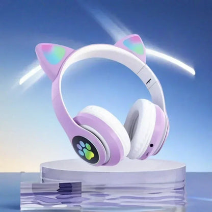 Cute Cat Ears Wireless Bluetooth Headphones with Mic LED Lights, Kids Stereo Music Headset, Cat Ear Wireless Headphones with Noise Cancelling, Gaming & Gift Headphones