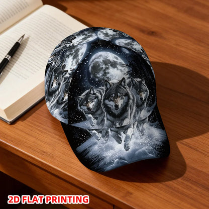 Boné de baseball clássico com estampado plano 2D de lobos sob a lua cheia, chapéu leve ajustável com pala estilo duckbill