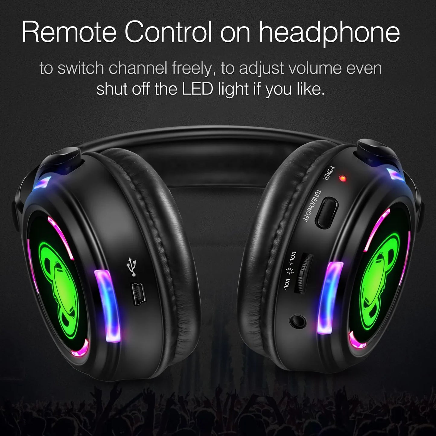 Auscultadores sem fios Silent Disco RF LED DJ Party 863–865MHz/915MHz com iluminação LED de 3 canais e bateria de 10H