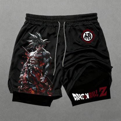 Dragon Ball Wukong Printed Double Layer Shorts for Men, Elastic Drawstring, Spring/Summer Breathable Sports and Fitness Shorts