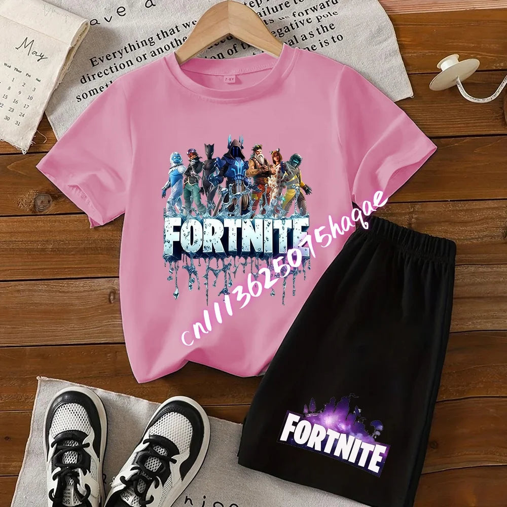 Conjunto infantil de verão Fortnite com t-shirt e calções anime, 2 peças, manga curta, algodão, casual, desportivo, presente