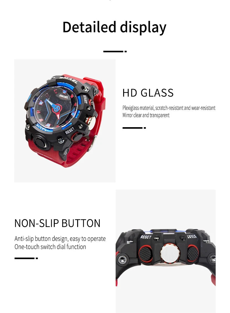 SMAEL 8075 Men's Analog Digital Dual Display Sport Watch - 50M Waterproof LED Backlight Dual Time Alarm Chronograph Stopwatch