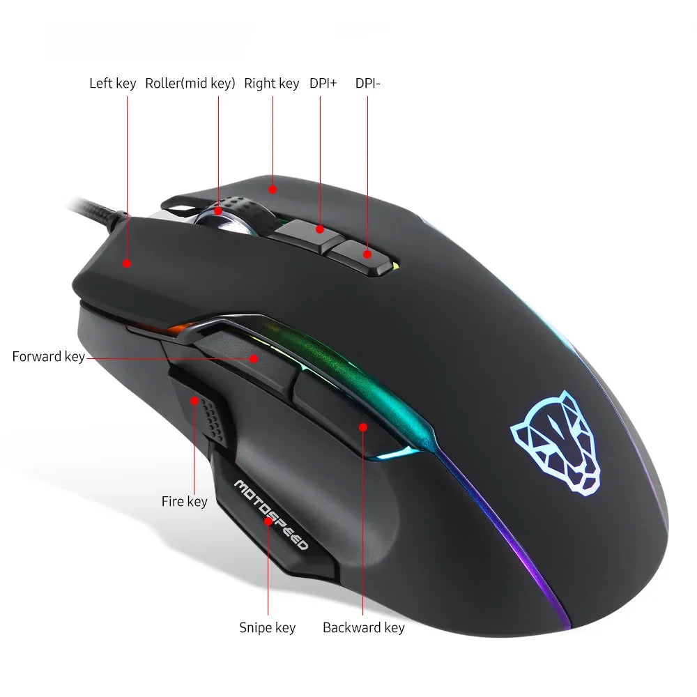 Motospeed V90 Wired Gaming Mouse RGB Backlight 8 Adjustable 50000 DPI Office Game Mouse Macro Drive PMW3325 For Laptop PC
