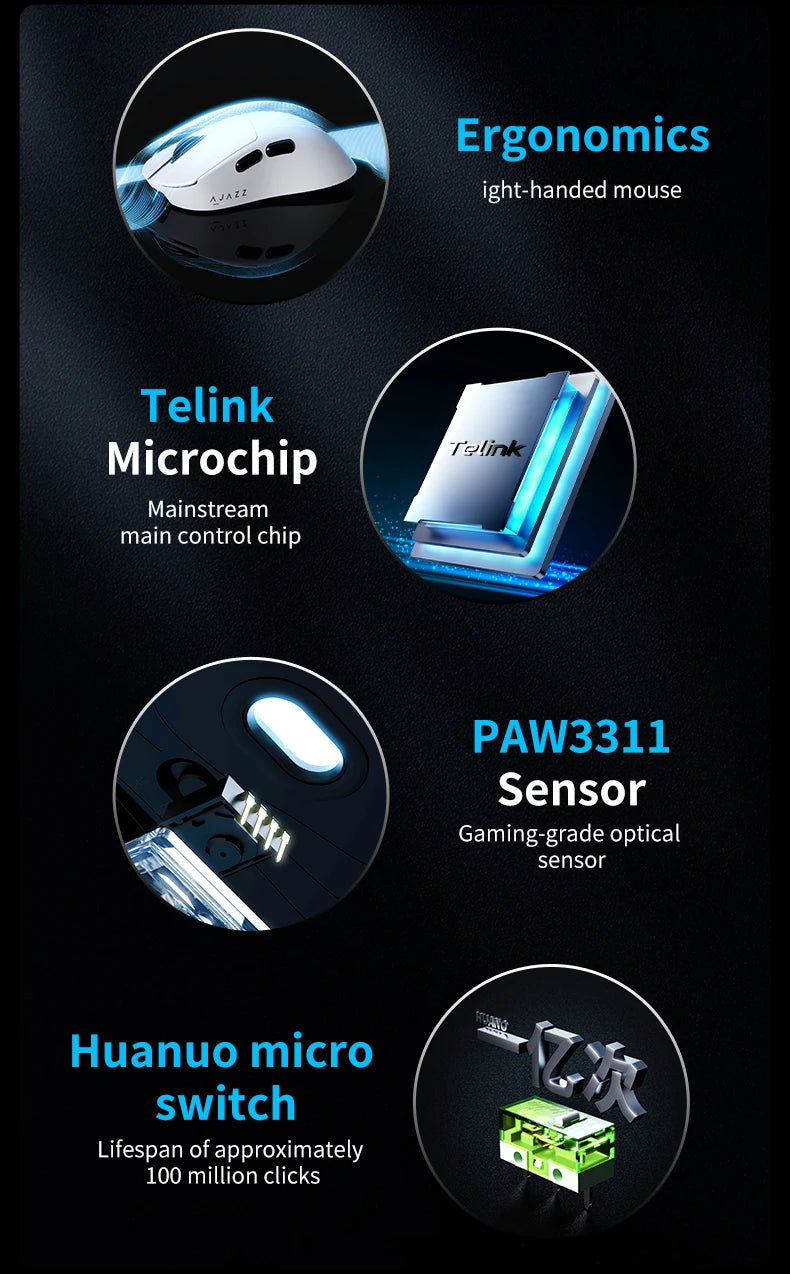 AJAZZ AJ179 V2 MAX Tri-mode Right-handed Mouse 56g Lightweight PAW3311 Sensor Huanuo Micro Switch Telink Microchip
