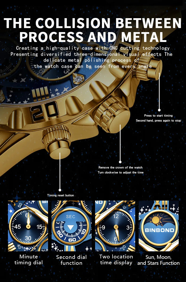 Relógio de Homem 2026 em Aço, Luxo Discreto, Business, Fase da Lua, Noite Estrelada, Luminoso, Resistente à Água, Quartzo, Presente de Moda Masculina
